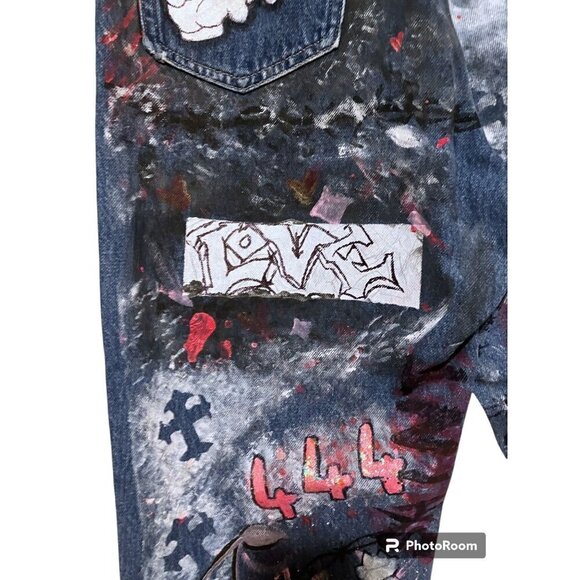 Vintage Upcycled Graffiti Jeans 10 High Rise Taper 30 x 28 Distressed Destroyed - Picture 10 of 14